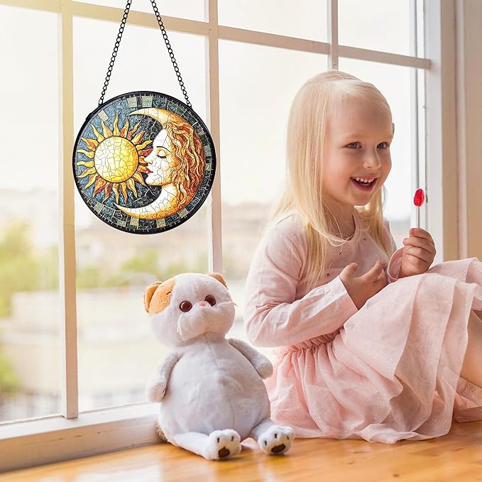 Sun and Moon Suncatchers Stained Glass Window Hanging, Celestial Suncatchers Indoor Window Glass Round Wall Decor, Sun Moon Decor Wall Hanging Decorations, 7.9x7.9in