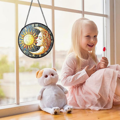 Sun and Moon Suncatchers Stained Glass Window Hanging, Celestial Suncatchers Indoor Window Glass Round Wall Decor, Sun Moon Decor Wall Hanging Decorations, 7.9x7.9in
