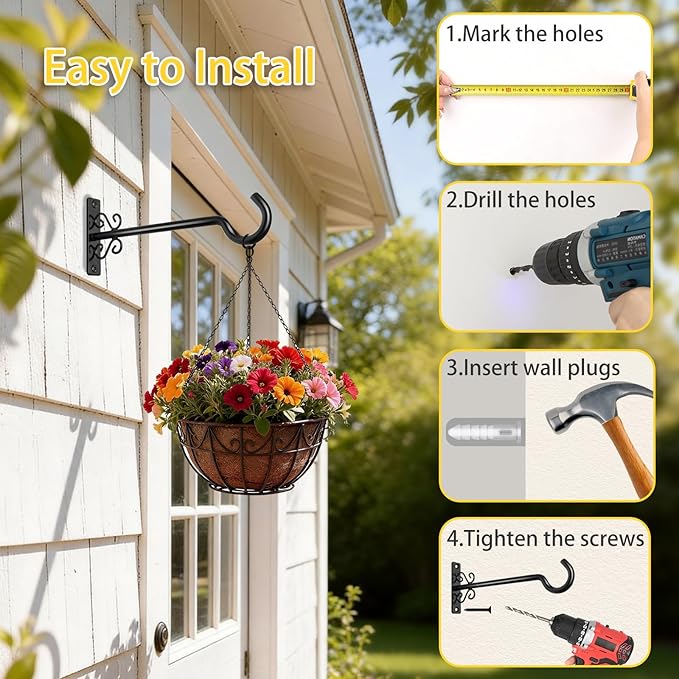 BOLITE Plant Hangers, 8 Inch Plant Hooks for Wall Indoor Outdoor, Metal Hooks for Hanging Hummingbird Feeders, Bird Feeders, Planters, Lanterns, Wind Chimes, 2 Pack, Black, Gifts for Women Men