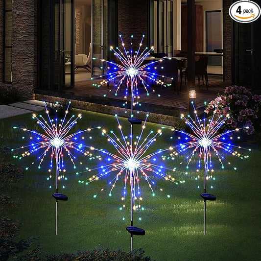 Solar Garden Firework Lights Outdoor Waterproof 4 Pack 120 LED Sparklers Solar Lights for Outside Patio Backyard Yard Pathway Walkway Decorations 4th of July Decorations (Colorful)