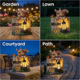 Garden Squirrel Welcome Sign with Solar Lantern, Decorative Outdoor Statue for Porch, Patio or Garden with Butterfly and Sunflowers