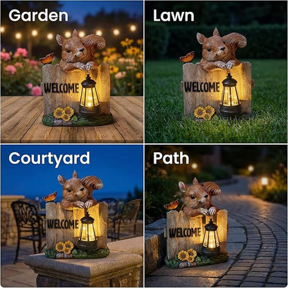 Garden Squirrel Welcome Sign with Solar Lantern, Decorative Outdoor Statue for Porch, Patio or Garden with Butterfly and Sunflowers