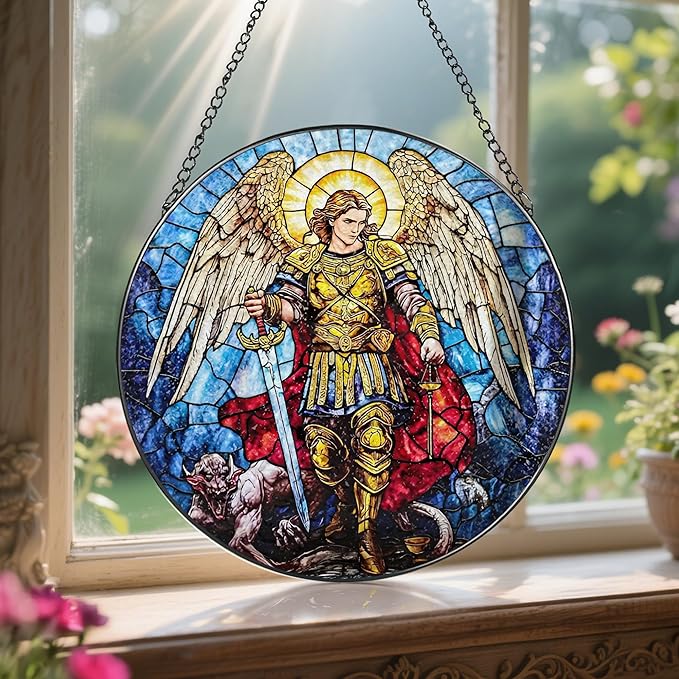 Stained Glass Suncatcher, Archangel Michael Sun Catcher Ornament; Stained Glass Window Hanging, Spiritual Protection Decor, Christmas Ornament; Christian Gifts, Religious Gifts