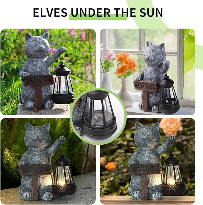 Garden Decoration Solar Powered Welcome cat Statue: Mothers Day Birthday Gifts for Mom Grandma Women Sister Wife Lady Lover - Balcony Garden Patio Lawn Porch Welcome Cat Decoration