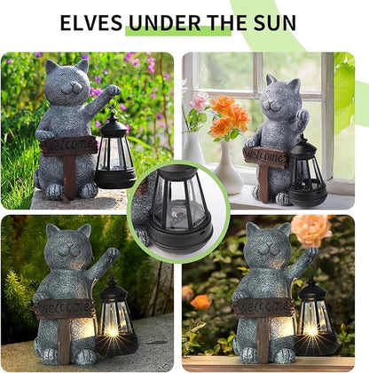 Garden Decoration Solar Powered Welcome cat Statue: Mothers Day Birthday Gifts for Mom Grandma Women Sister Wife Lady Lover - Balcony Garden Patio Lawn Porch Welcome Cat Decoration
