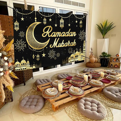 Large Ramadan Banner Decorations Outdoor 72x44 Inch,Eid Ramadan Mubarak Kareem Ramadan Photography Banner for Muslim Indoor Home House Decor Party Supplies,Yard Sign Photography Background Black Gold