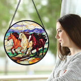 DASTOLL Stained Glass Window Hanging, Colorful Landscape Running Horse Suncatcher for Doors Window Home Sun Catchers Decoration Mother's Day Birthday Gifts for Women, Men, and Mom 15x15 in