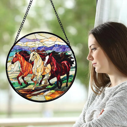 DASTOLL Stained Glass Window Hanging, Colorful Landscape Running Horse Suncatcher for Doors Window Home Sun Catchers Decoration Mother's Day Birthday Gifts for Women, Men, and Mom 11.8x11.8 in