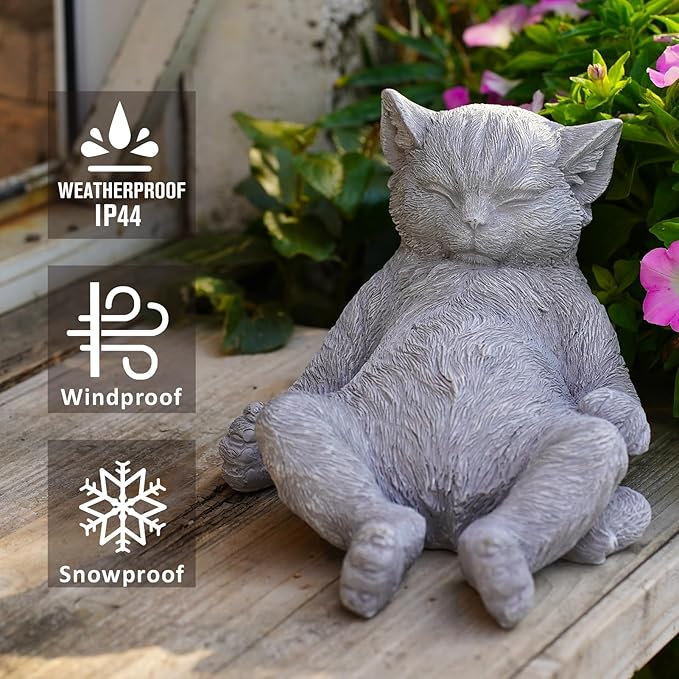 Cat Memorial Stone Garden Statue, Pet Statue Gifts for Loss of Cat Sympathy, Grave Markers for Garden Outdoor Decor, 9.8” L Weatherproof Lazy Tabby Figurine, Outdoor Patio Accent Yard Decoration