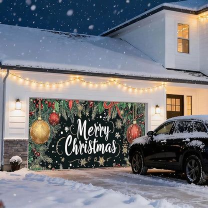 IVN Merry Christmas Happy New Year Garage Door Banner 13x6 ft Christmas Garage Door Cover Wnter Scene Background Indoor Outdoor Black Snowflake Tree Holly Ornaments Holiday Decorations for Home and Events Wall Backdrop Decor