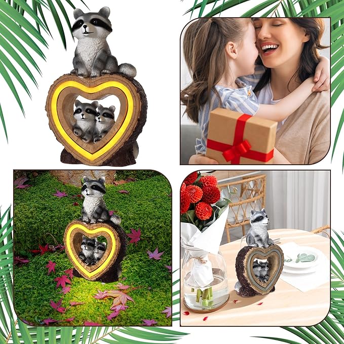 Thyle Solar Raccoon Family Garden Statue with Heart Light 9 Inch Raccoon Solar Lights Statue Outdoor Decor Windproof Waterproof for Outside Yard Garden Lawn Home Decor Mother Gifts for Women Mom