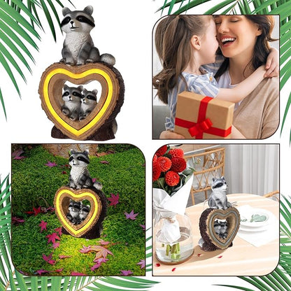 Thyle Solar Raccoon Family Garden Statue with Heart Light 9 Inch Raccoon Solar Lights Statue Outdoor Decor Windproof Waterproof for Outside Yard Garden Lawn Home Decor Mother Gifts for Women Mom