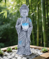 Nacome Solar Buddha Garden Statue Decor: Resin Zen Decor Waterproof Sitting Figurine with Lotus Flower Light Design for Outside Patio Lawn Yard Balcony - 11 inches(Gray)