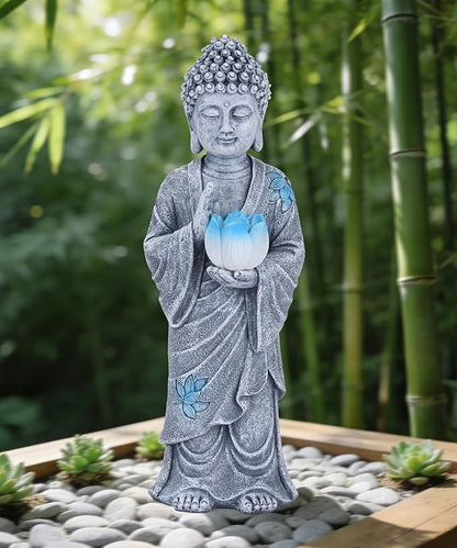 Nacome Solar Buddha Garden Statue Decor: Resin Zen Decor Waterproof Sitting Figurine with Lotus Flower Light Design for Outside Patio Lawn Yard Balcony - 11 inches(Gray)