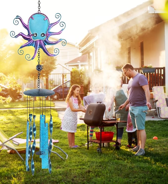 CoTa Global Octopus Wind Chime - Handmade Glass and Metal Chime - Ocean Life Hanging Decor - Colorful Home Decor Gift, Indoor and Outdoor Hanging Decoration for Porch, Patio and Garden – 27.5 Inches