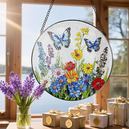 Stained Glass Window Hanging, 8 Inch Stained Glass Suncatcher Ornament, Suncatchers for Windows Hanging, Window Decor, Gift for Mothers Day, Butterfly Lover Gifts, Flower Lover Gifts