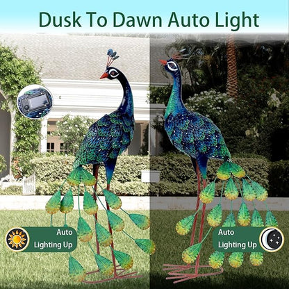 Kircust Solar Metal Peacock Statues - Set of 2 Weatherproof Outdoor Decor with Solar Lights for Garden, Yard, or Patio - Elegant Peacock Gifts