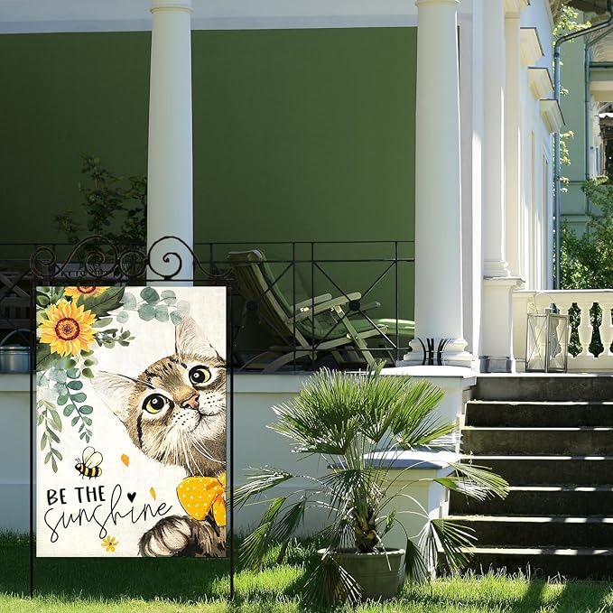 Summer Cat House Flags for Outdoor,Be The Sunshine Cat with Sunflowers Yard Flags for Outside,Spring Seasonal Decorative Flag for Farmhouse Holiday Decoration 28x40 Inch Double Sided