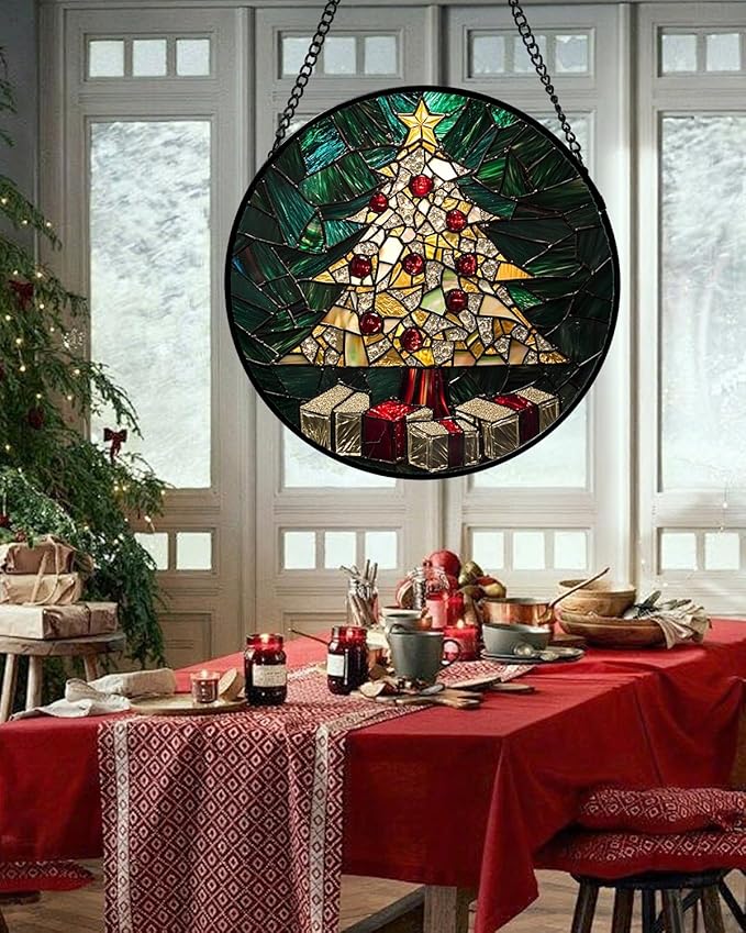Stained Glass Window Hanging - Golden Christmas Tree Suncatcher for Doors Home Christmas Decoration Winter Sun Catcher Thanksgiving New Year Birthday Gifts for Women Men Mom Nana Girl 7.8 in