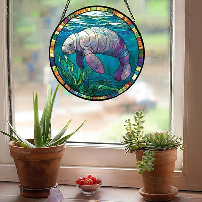 Stained Glass Window Hanging Blue Ocean Seaweed Manatee Large 15" - Suncatcher Door Garden Sunroom Sun Catcher Home Decor Birthday Christmas for Mom Men Woman Nana