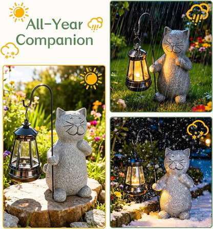 Solar Cat Garden Decor Outdoor Statues, Yard Art Lawn Ornaments, Outside Figurines Decorations for Home Patio Porch Balcony, Housewarming Gifts for Cat Lover (Two Packs)