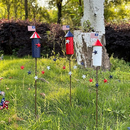 3 Pack Patriotic 4th of July Decorations Outdoor,23.6” Metal Americana Firework Decorative Garden Stakes for Independence Day Garden Decor, 3D Red White Blue Yard Signs for Lawn Porch