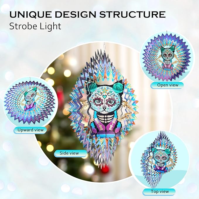 FONMY Sugar Skull Wind Spinner Cat 12inch 3D Stainless Steel Wind Sculpture Worth Gift Christmas Decor.Hanging Mandala Kitten Skull Wind Spinners Metal Yard Art Garden Decoration Indoor/Outdoor Décor