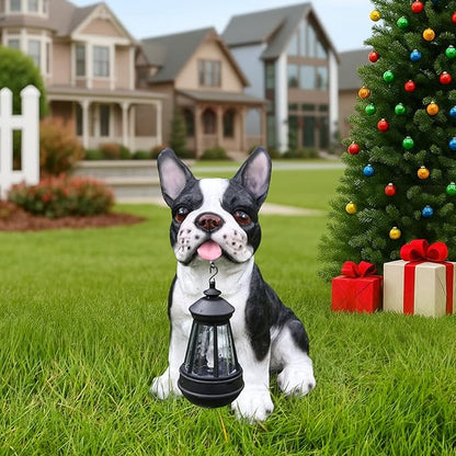 Adorable Black & White French Bulldog Sculpture with Solar Lantern & Double-Sided 'On Patrol' and 'Welcome' Signposts – Fun Outdoor Resin Statue for Garden, Yard, and Patio Décor