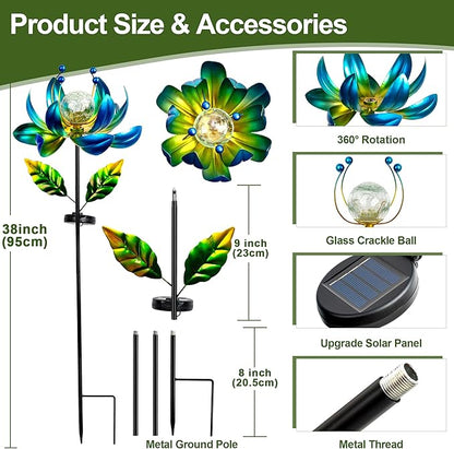 Solar Wind Spinner Outdoor Metal - Kinetic Lotus Flower Garden Sculptures & Spinners with Crackle Glass Lighting, 360° Spinning Yard Art Decor for Patio, Lawn, Pathway, Gifts for Women