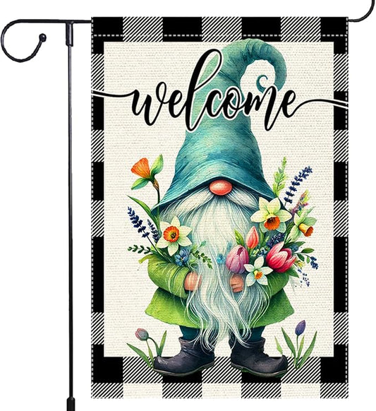 Welcome Spring Summer Gnome Garden Flag Colorful Floral Buffalo Plaid Garden Flags Small Burlap Lawn Seasonal Wildflowers Home Flags Outside Yard 12x18 Inch Double Sided