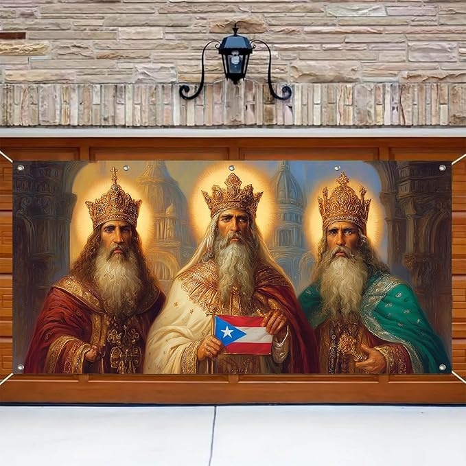 HOMETITUTE 13x6ft Three Kings Day Garage Door Banner Dia de Reyes Puerto Rican Flag Design Polyester Large Outdoor Decoration for Epiphany Celebration Holiday Party Yard Home School