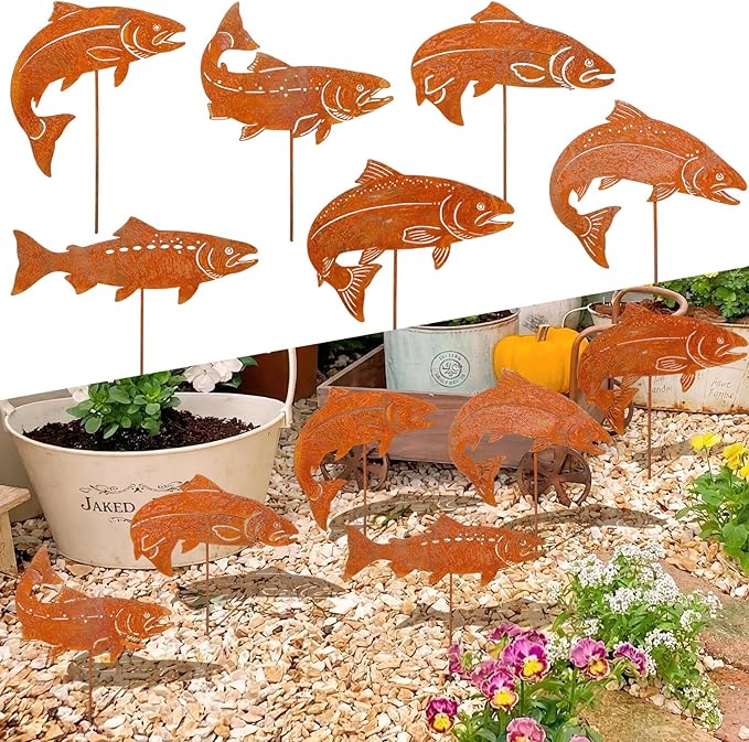 Hicarer 6 Pcs Rusty Metal Fish Garden Stakes Salmon Sculptures Outdoor Nature Themed Decor Garden Fish Rust Art for Patios Backyards Homes Planters Decoration
