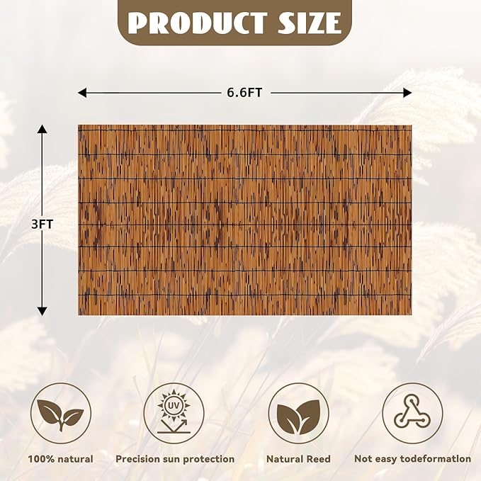 KOIUEYW Bamboo Reed Fencing, Light Russet Bamboo Screens Outdoor for Patio, Decorative Balcony Privacy Screen Reed Fence Rolls Curtains for Garden Backyard, 3 x 6.6 FT