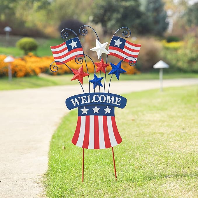 Glitzhome 30.25" H Wooden/Metal American Flags Patriotic Garden Yard Stake, 4th of July Wall Decor for Home Yard Front Door National Day Decoration