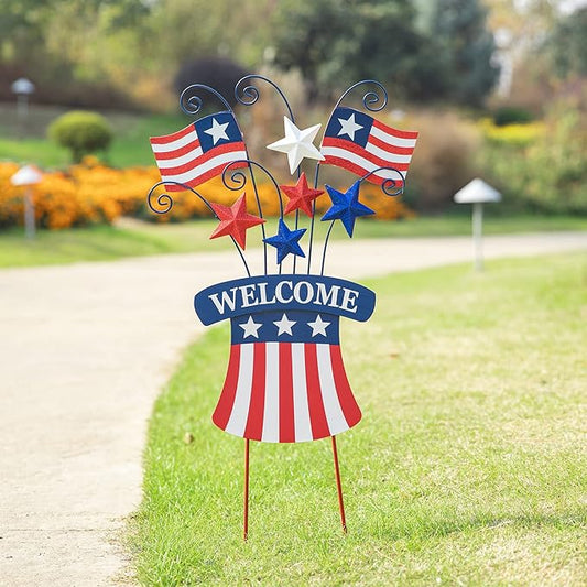 Glitzhome 30.25" H Wooden/Metal American Flags Patriotic Garden Yard Stake, 4th of July Wall Decor for Home Yard Front Door National Day Decoration