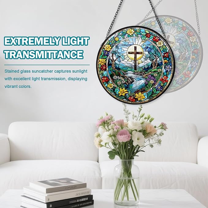 Cross Stained Glass Window Hanging, Wildflower Suncatcher Diamond Glass Panel Hangings, Sun Catchers Indoor Windows Wall Art Decor, Pastor Christian Gift, Christmas Decor for Home Office 7.87 inches