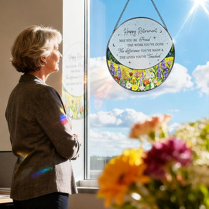 8” Stained Glass Suncatcher Ornament – Floral Retirement Window Hanging Decorations, Retirement Gifts & Retired Gifts for Women, Men, Friends, Coworkers, Teachers - Style E