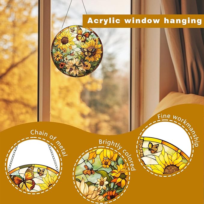 Sunflower Acrylic Window Hanging,5.9in Stained Window Hanging Decor Colorful Ornament,Sunflower Gifts for Women,Acrylic Suncatcher for Garden Kitchen Living Room