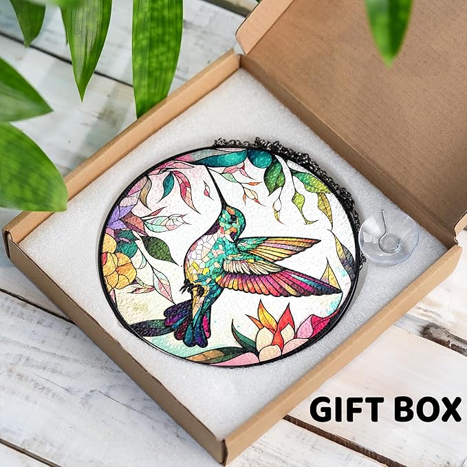 7.8" Hummingbird Stained Glass Suncatcher, Bird Suncatcher for Window Hanging, Art Decor for Home Garden Housewarming, Gift for Mom, Grandma, Women, Friend, Bird Lover P-SC-M114-SG8