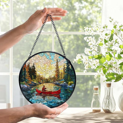 Lake Landscape Suncatchers Stained Glass Window Hanging, Nature Canoeing Man Lake Sun Catchers Indoor Window Glass Round Wall Decor, Lakehouse Wall Hanging Decorations, 7.9x7.9in