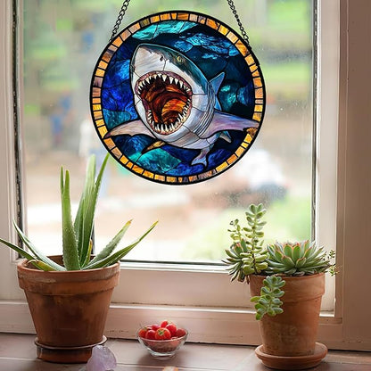 CHATYOUNG Stained Glass Window Hanging Ocean Sea Ferocious Big Shark Large 11.8" - Suncatcher Door Garden Sunroom Sun Catcher Home Decor Father's Day Birthday Christmas for Mom Men Woman Father Friend