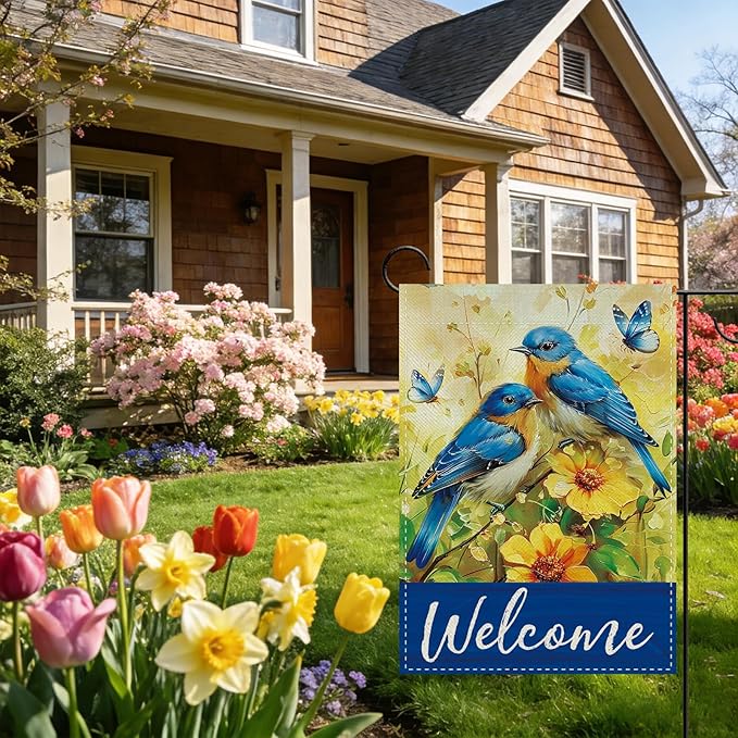Welcome Spring Summer Bluebirds Decorative Garden Flag, Yellow Flower Butterfly Small Yard Outside Decorations, Farmhouse Floral Burlap Outdoor Home Decor Double Sided 12 x 18