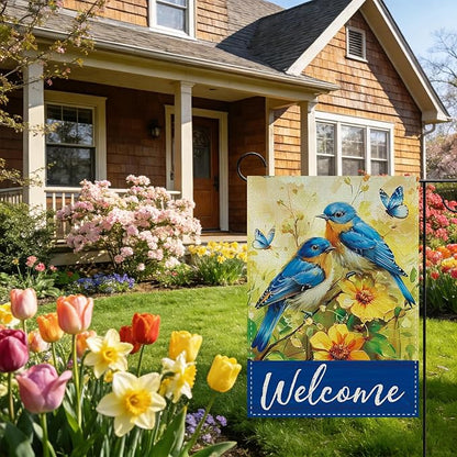 Welcome Spring Summer Bluebirds Decorative Garden Flag, Yellow Flower Butterfly Small Yard Outside Decorations, Farmhouse Floral Burlap Outdoor Home Decor Double Sided 12 x 18