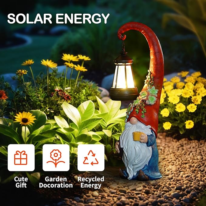 Coffee Gnome Garden Decor Statue Solar-Powered Gnome Ornament Lantern-Lit Courtyard Decoration Birthday Gift for Mom on the Patio