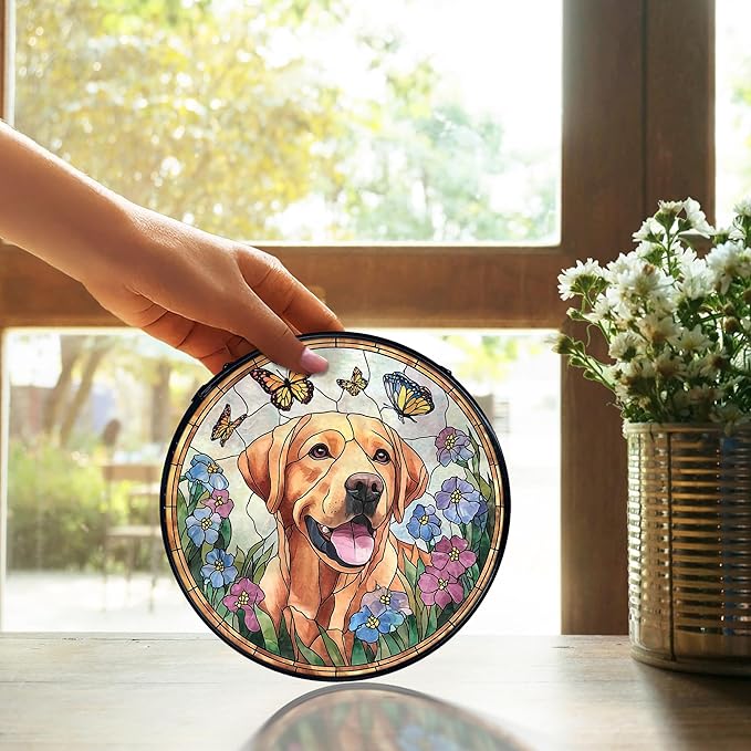 TNUW Labrador Retriever Flower Stained Glass Window Hanging, Labrador Retriever Gifts Sun Catchers Indoor Window Glass Round Wall Art Decor, Dog Sunflower Wall Hanging Decorations, 7.9＂x7.9＂