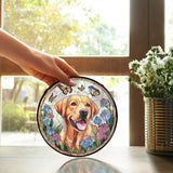 TNUW Labrador Retriever Flower Stained Glass Window Hanging, Labrador Retriever Gifts Sun Catchers Indoor Window Glass Round Wall Art Decor, Dog Sunflower Wall Hanging Decorations, 7.9＂x7.9＂