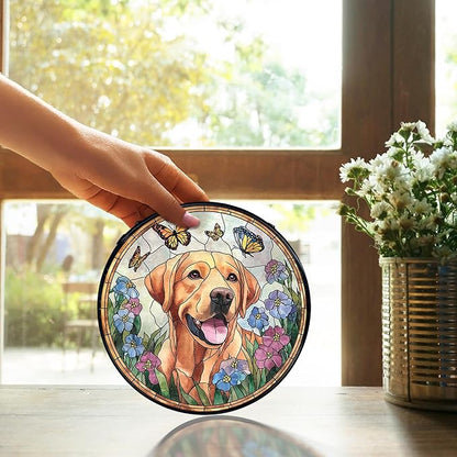 TNUW Labrador Retriever Flower Stained Glass Window Hanging, Labrador Retriever Gifts Sun Catchers Indoor Window Glass Round Wall Art Decor, Dog Sunflower Wall Hanging Decorations, 7.9＂x7.9＂