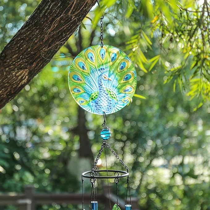 Taman Wind Chime - 38" Peacock Glass Wind Chimes Valentine's Day Gift for Outside Decorative Memorial Gift, Aluminum Tubes for Home, Outdoor, Yard, Patio,Garden Decor