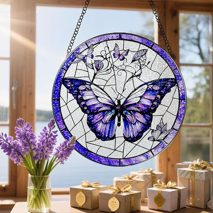 Stained Glass Window Hanging, 8 Inch Purple Butterfly Stained Glass Suncatcher, Butterfly Light Catcher, Window Hanging Decor, Gifts for Mother's Day, Christmas, Birthday, Gifts for Women Mom Grandma