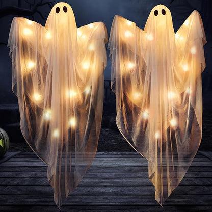 JOYIN 2 Pcs 47” Halloween Light up Hanging Ghost Decoration Outdoor, Halloween Flying Hanging Ghosts with Warm LED Light for Haunted House Prop, Front Yard Patio Party Decor Indoor Outdoor